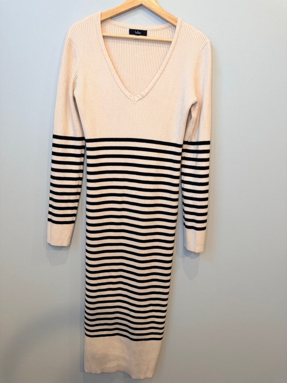 Lulus Upgraded Comfort Cream & Black Striped Ribbed Midi Sweater Dress Medium
